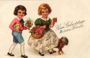 Hund mit Mädchen, Blumen und Geschenk gebr. ca. 1920