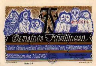 Braunschweig Städtenotgeld Wert 75 Pfennige Eulen sitzend Eulenspiegel 1921