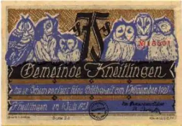 Städtenotgeld, Wert 75 Pfennige, Eulen sitzend, Eulenspiegel rückseitig, 1921
