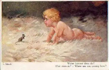 Nacktes Kind mit Maus Künstlerkarte * ca. 1920