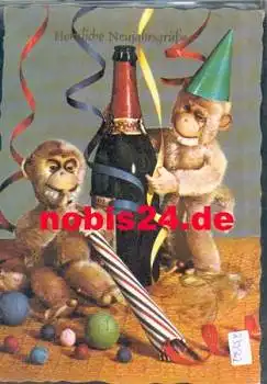 Plüsch-Affen mit Tute und Sektflasche Neujahrskarte gebr. ca. 1970