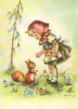 Eichhörnchen mit kleinem Mädchen Künstlerkarte * ca. 1950