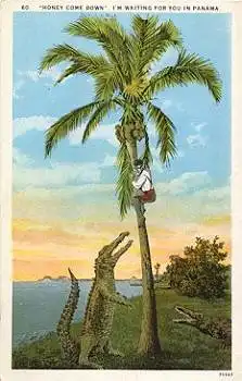 Krokodile unter Palme, darauf ein farbiger Mann * ca. 1920