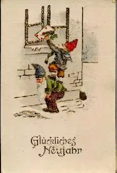 Zwerge legen einen Brief ins Fenster, gebr. ca. 1920
