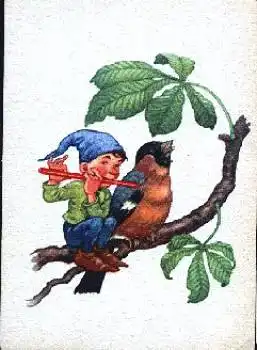 Zwerg spielt Flöte mit Vogel, Rotkehlchen, *  ca. 1950