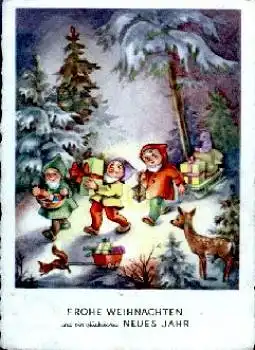 Zwerge mit Eichhörnchen, Rehkitz, Schlitten, gebr. ca. 1950