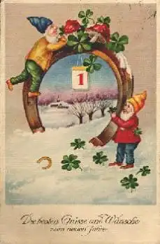 Zwerge Neujahr Hufeisen Kleeblätter o 31.12.1934