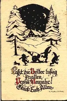 Zwerge tanzen mit Sektflasche Künstlerkarte M.Sachse-Schubert o 31.12.1930