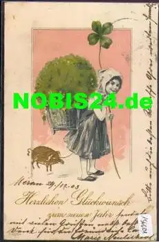 Schwein Kind mit Tragekorb Klee Neujahrskarte Prägekarte o 30.12.1909