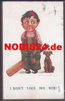 Kricket Kind mit Schläger und Hund Künstlerkarte o 25.4.1913