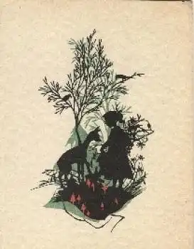 Mädchen, Reh, Vögel, Scherenschnittkarte, gebr. 20.11.1968