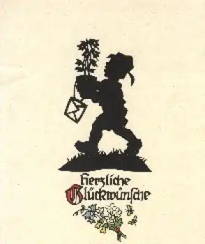 Kind mit Blumen Scherenschnittkarte gebr. 1959