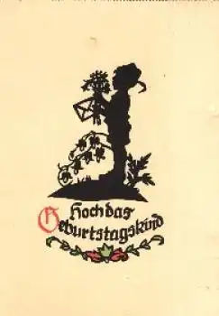 Geburtstagswünsche Kind mit Blumen Scherenschnittkarte * ca. 1940