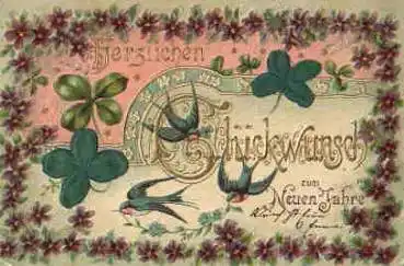 Neujahr Kleeblatt Schwalben Prägekarte mit Stoffapplikation o 29.12.1909