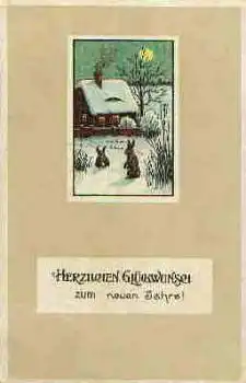 Neujahr Hasen Glückwunschkarte o 31.12.1914