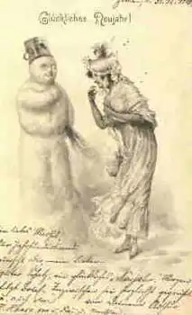 Schneemann und Frau Neujahr Künstlerkarte M.M. Wien o 31.12.1900