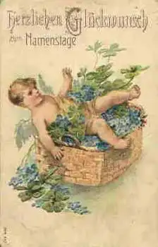 Engel im Blumenkorb Prägelitho zum Namenstage  o 17.12.1912