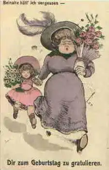 Frau mit Longrette und Blumenstrauss Geburtstagskarte 13.2.1915