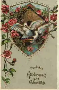 Goldschnitt Geburtstagskarte mit Tauben geb. um 1910