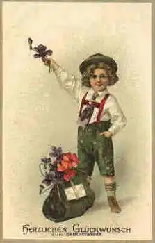 Kind mit Blumen Präge Litho Geburtstagskarte 1918