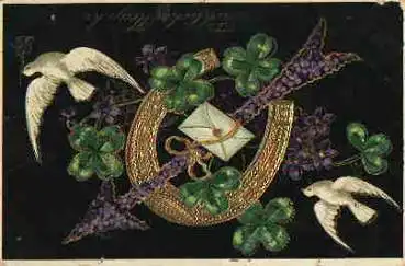 Neujahr Goldschnittprägekarte mit Hufeisen und Tauben Kleeblatt o um 1910