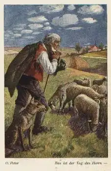 Schäfer mit Schafherde Künstlerkarte O. Peter "Das ist der Tag des Herrn" o 1955
