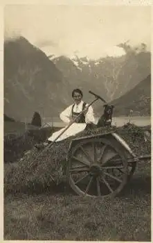 Landwirtschaft, Frau mit Hund auf einem Wagen, Echtfoto, * ca. 1920