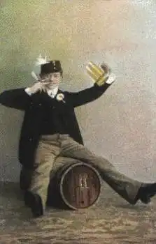 Mann auf Bierfass Trunkenheit o ca. 1910