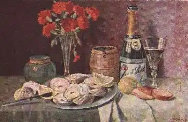 gedeckter Tisch mit Sekt  Lebensmittel Künstlerkarte gebr. ca. 1920