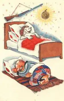 Jagd Hund im Bett Künstlerkarte *1968