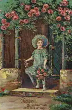 Mädchen mit Rosen und Schirm Goldschnittkarte o 19.5.1915