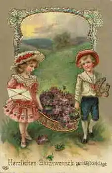 Kinder mit Blumenkorb Briefumschlang Glückshufeisen Goldschnittkarte o 5.6.1913