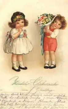 Kinder mit Blumenstrauß Geburtstagskarte o 6.6.1926