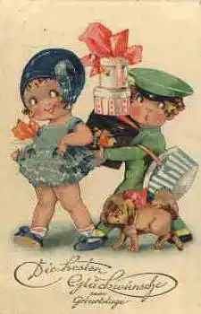 Kinder mit Geschenkschachteln und Hund Dolly-Serie o 27.2.1930