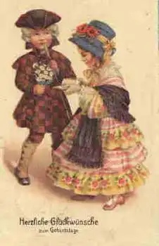 Buch lesendes Mädchen und Junge mit Gehstock AR 8697-3 Geburtstagskarte o 1.9.1931