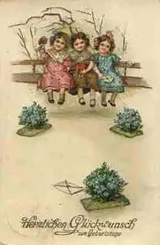 Kinder mit Blumen Goldschnitt Geburtstagskarte o 3.1.1914
