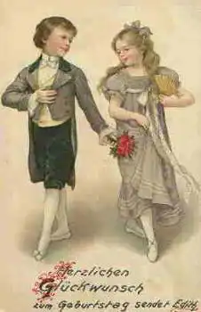 Junge mit Blumen Mädchen mit Fächer Künstlerkarte o 12.2.1927