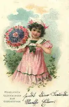 Mädchen mit Blumenstrauß Prägekarte o 28.7.1906
