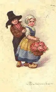 Mädchen und Junge mit Rosenkorb Künstlerkarte Colombo o 19.5.1923