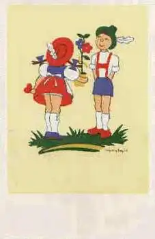 Die bayrischen Holzpuppen "Du und Ich" Künstlerkarte Ingeborg Fiegert Karte3 um 1940