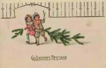 Neujahr Kinder mit Tannengrün Goldschnittkarte o ca. 1910