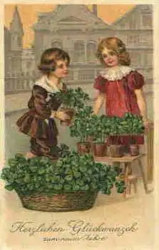Neujahr Kinder mit Glücksklee Prägekarte SB3291 gebr. ca. 1910