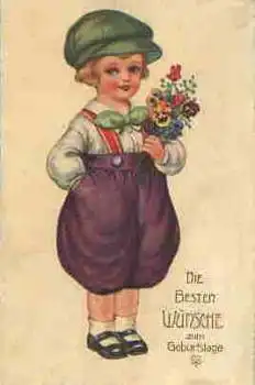 Geburtstag Kind mit Blumen Erika5889 Künstlerkarte o ca. 1920