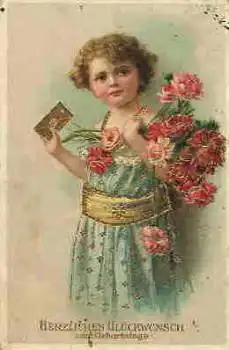 Geburtstag Mädchen mit Blumen und Brief Goldschnittkarte o 12.11.1912