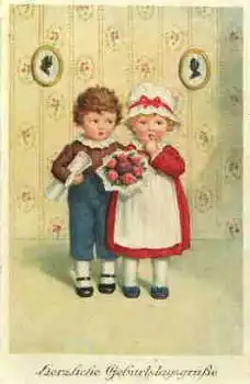 Kinder mit Blumenstrauß Geburtstagskarte gebr. ca.1920