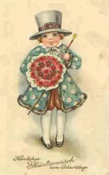 Kind mit Zylinder Stock Blumenstrauß Geburtstagskarte gebr. 1929