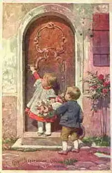 Kinder mit Blumenstrauß Künstlerkarte Karl Feiertag Geburtstagskarte o 7.6.1917