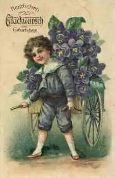 Knabe mit Blumenwagen Geburtstagskarte o 8.5.1919