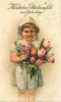 Kind mit Tulpenstrauss und Flieder Künstlerkarte Erika 3007 Geburtstagskarte o 1.11.1930