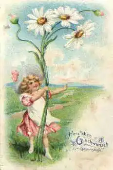 Mädchen mit Margeriten Jugendstil Prägekarte o ca. 1900